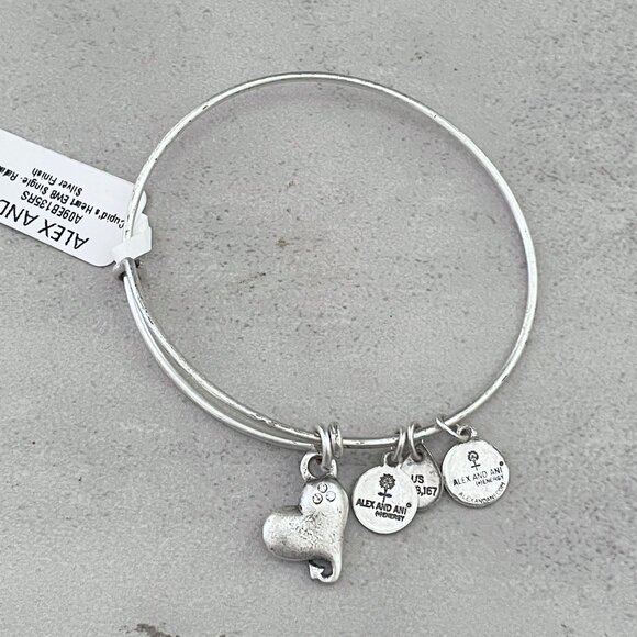 NWT Alex and Ani Cupid's Heart Silver Tone Adjustable Charm Bangle Bracelet - Picture 2 of 5